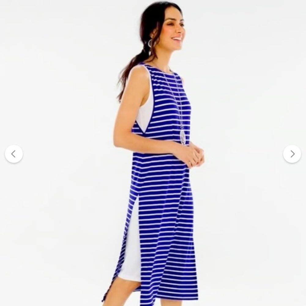 Chico's Large/2 Blue Striped Sleeveless Double Layer Summer Dress Nautical Beach